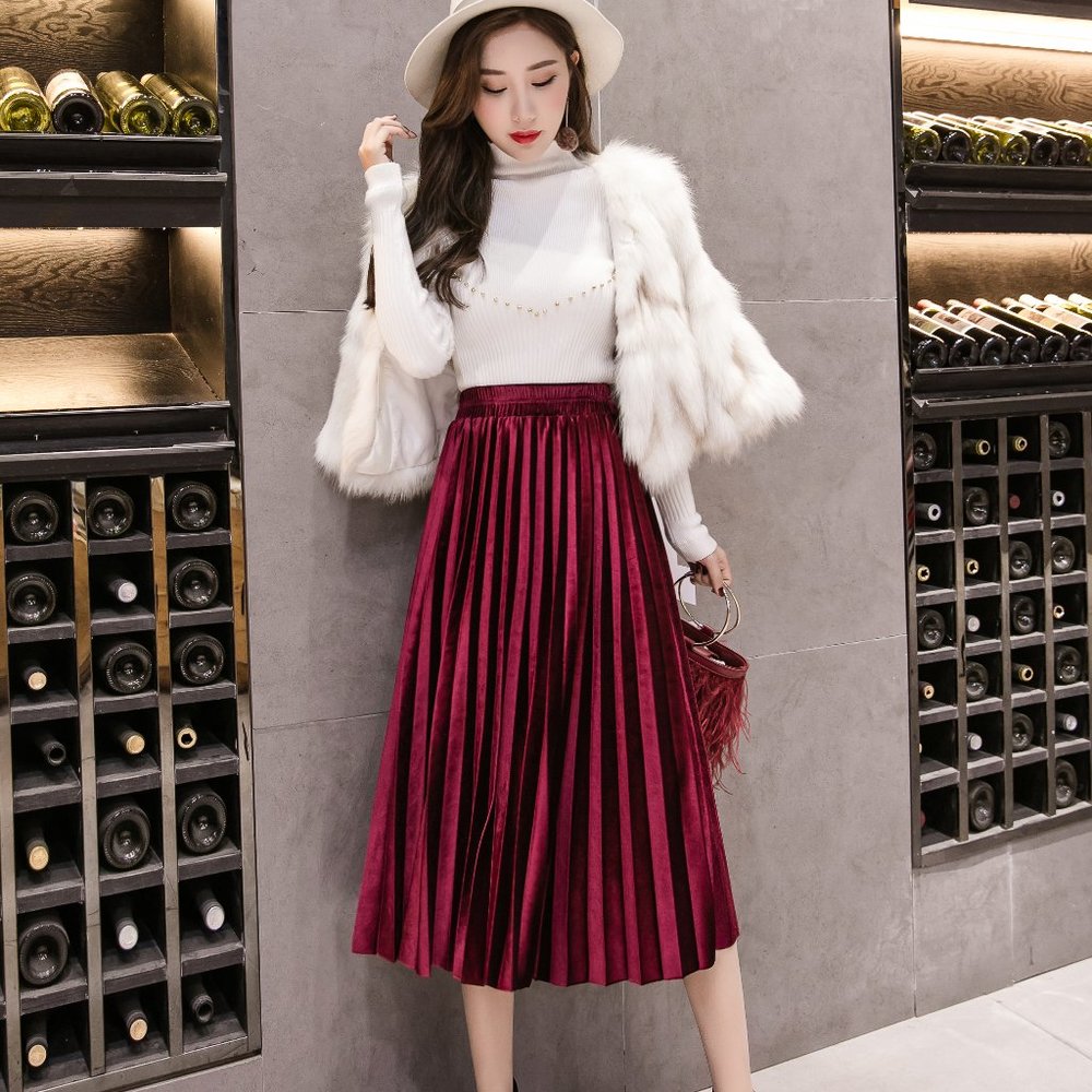 High Waist Velveted Long Maxi Pleated Skir…